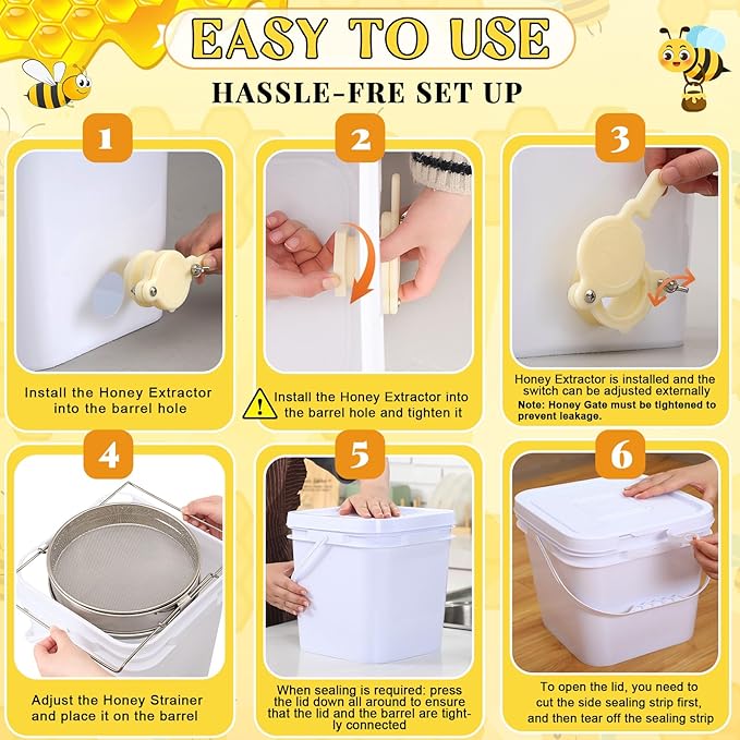 Threehoney 3 Gallon Honey Bucket with Spigot and Stainless Steel Filters Set Honey Extractor Equipment Food-Grade Bucket with Spigot for Bee Keeping Supplies Extracting Storage (White,3 Gallon)