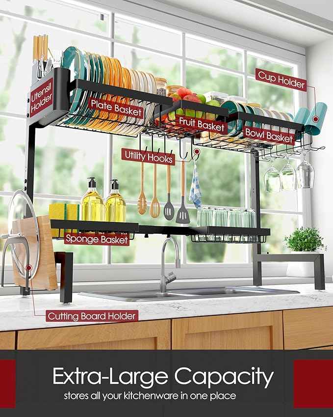 Over The Sink Dish Drying Rack - Adjustable 2 Tier X-Large Capacity Stainless Steel Drainer with Cutlery & Utensil Holders, Kitchen Storage & Organization, 32"-39.5" L x 12" W x 25" H, Black