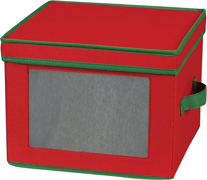 Household Essentials 536RED Holiday China Storage Chest with Lid and Handles | Dinner Plate | Red Canvas with Green Trim