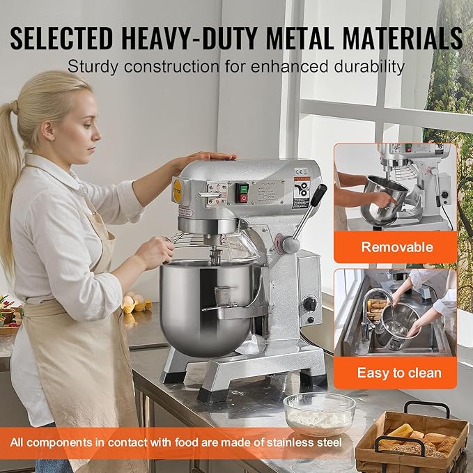 VEVOR Commercial Food Mixer 20Qt, Commercial Mixer with 3 Adjustable Speeds, 1100W Dough Mixer,Commercial Stand Mixer with Stainless Steel Bowl