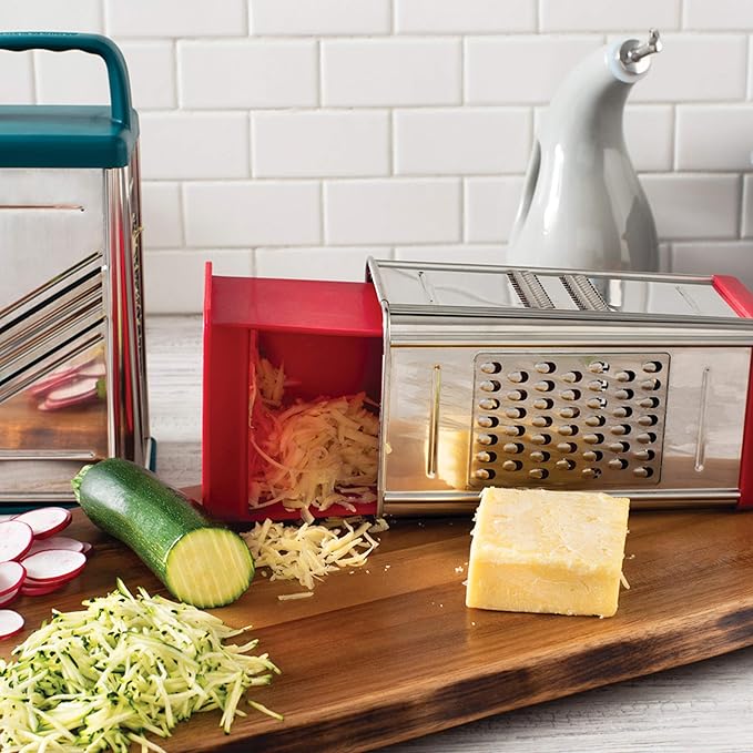 Rachael Ray Tools and Gadgets Stainless Steel Box Grater for Vegetables, Chocolate, Hard Cheeses, and more, Red(9.43 x 8.84 x 8.06 inches)