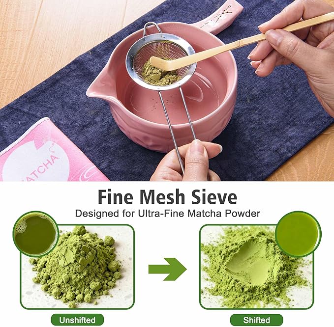 Matcha Whisk Bowl Set, 7PCS All-in-One Japanese Tea Set Includes Matcha Bowl with Spout, Bamboo Whisk (Chasen) with Stand, Scoop, Sifter, Complete Kit for Ceremony, Gift for Matcha Tea Lovers（Pink)