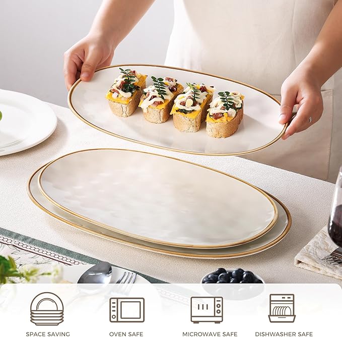 Ceramic Oval Serving Platter with Brown Rim: 15.6/14.3/12.9 Inch Large Serving Dishes for Entertaining Party, Turkey, Steak, Ham, Microwave Dishwasher Safe