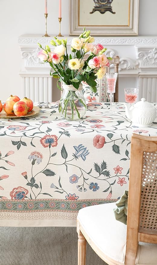 ISAENNE Designer Chinoiserie Linen Floral Rectangular Tablecloth,White Wrinkle Resistant Table Cloth,Elegant Decor Tablecloths for Dining Thanksgiving Kitchen Party Christmas,55"*87"-Daffy