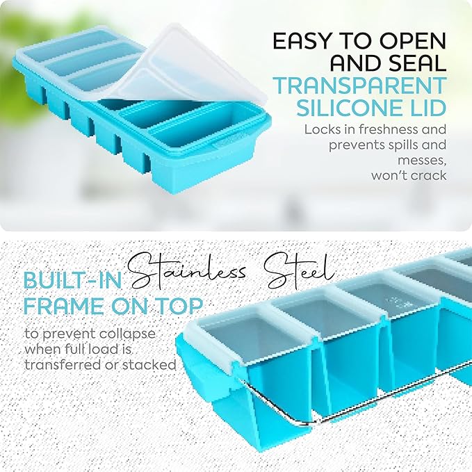 Silicone Freezer Tray With Lid - Soup Freezer Container Molds Set Makes 2-Cup & 1-Cup 1/2-cup Portions Cubes Perfect for preparing meals in different Portion Sizes Oven & Dishwasher-Safe