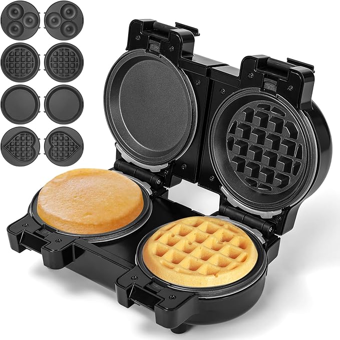 UVFAST Mini Waffles Maker with 8 Removable Plates, 4 in 1 Double Small Waffle Maker Mini- Classic Waffle, Heart Waffle, Griddle, Donut, 5" Non Stick Waffle Iron for Kids and Families, Black
