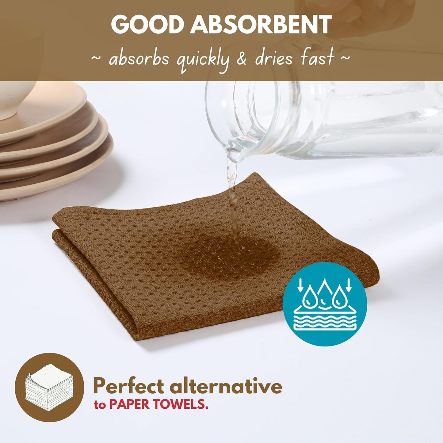 Native Fab Waffle 12 Pack 100% Cotton Easter Kitchen Dish Towels 16x26 Absorbent Durable Washable, Tea Cloths, Bar Towels, Cleaning With Hanging Loop, Brown