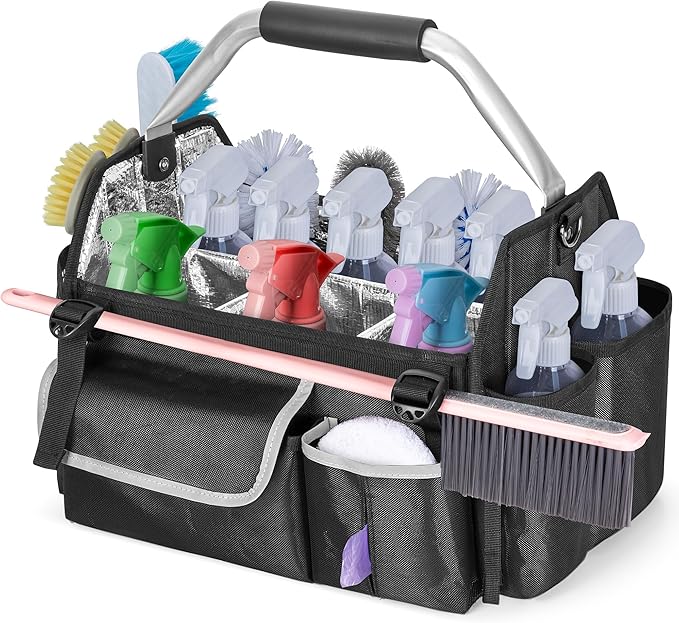 HODRANT Wearable Cleaning Caddy Organizer, Cleaning Supplies Bag with Divider & Support Pad, Cleaner Tote with Handle & Detachable Shoulder Strap, Housekeeping Storage Box with Multi Pockets, Bag Only