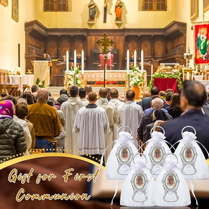 Misdary 24 Pcs Our Lady of Guadalupe Bottle Opener Keychain Catholic Bottle Opener with Organza Baptism Party Favor for Guest