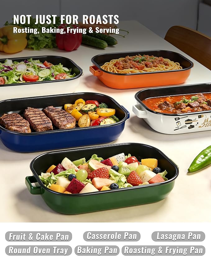Roasting Pan with Rack & Handle 6-Piece Enamel Lasagna Baking Dish 14&17 Inch, 572°F High Temperature Resistance Dishwasher Safe Non-Stick Easy-To-Clean Steak Roaster Pan for Oven Gift Bakeware