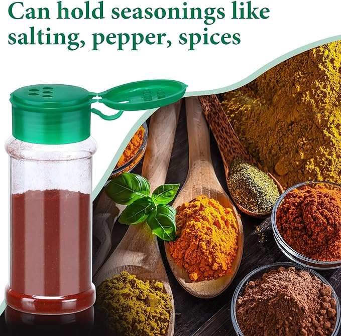 Amyhill 100 Pcs Plastic Spice Bottles Spice Jars Seasoning Jars Shaker Plastic Jars 3.3 Oz/ 100ml Seasoning Shaker with Shaker Lids(Green Lid)