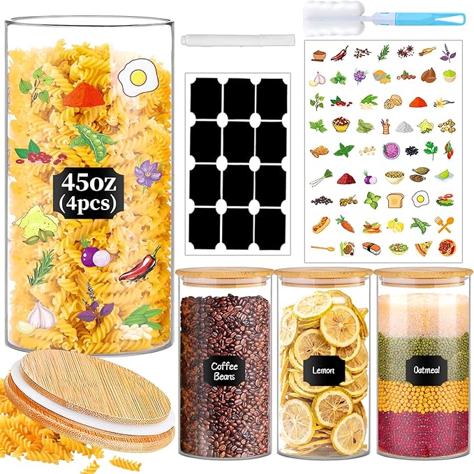 BGraceyy Glass Storage Jars 45 oz 4 Pcs Clear Glass Food Storage Containers with Airtight Bamboo Lid Stackable Kitchen Canisters for Candy, Cookie, Rice, Sugar, Flour, Pasta, Nuts