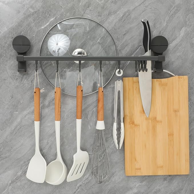 No Drill Kitchen Utensil Rack with 10 Hooks : Wall Mounted Suction Cup Holder for Hanging Spoons Towels Tools - Adjustable Double Rod Organizer for Kitchenware Storage
