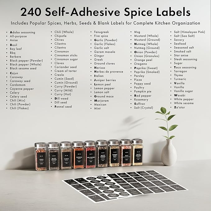 EDELHAUS Glass Spice Jars with Labels and Steel Lids (24 x 4oz) Spice Containers with 240 Label, Steel Funnel, Shaker Inserts, Empty Square Seasoning Organizer for Spice Rack, Cabinet, Drawer