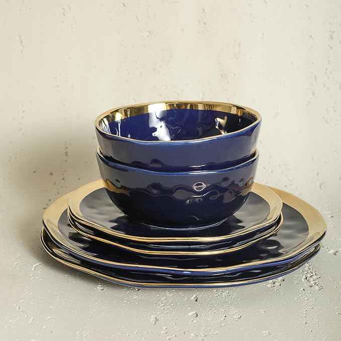 Stone Lain Porcelain 16 Piece Dinnerware Set, Service for 4, Blue and Golden Rim, Dark Blue