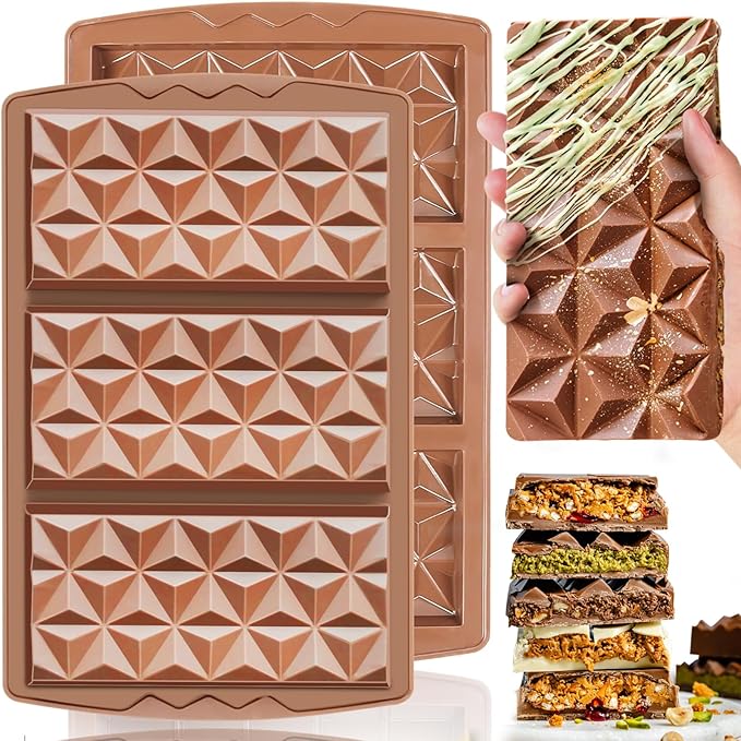 HKNMTT Chocolate Bar Mold Silicone, Large Stuffed Dubai Pistachio Deep Bar Moulds Kit 0.85 Inch Thick Big, Ideal for Homemade Making Candy Bar Bpa Free DIY Diamond Grid