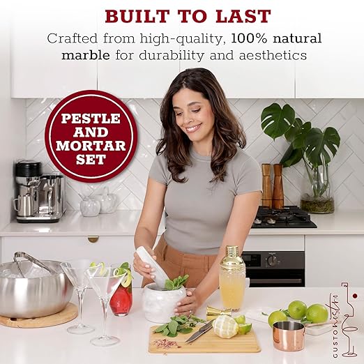 Gusto Nostro Natural Marble Mortar and Pestle Set | 5 Inch - 2.5 Cup Large Mortar Pestle Set for Grinding Herbs, Nuts, Grains | Pesto Grinding and Guacamole Stone Bowl | Marble Spice Crusher