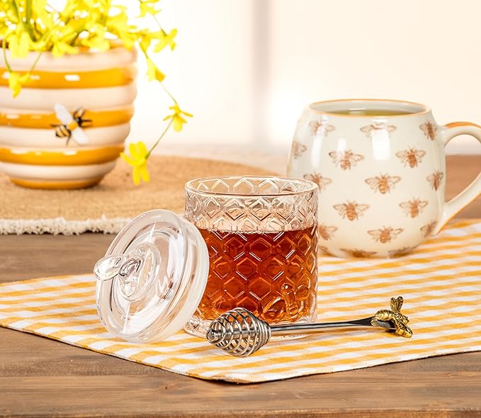 Abbott Collection Honeycomb Jar with Bee on Sealed Lid - Glass/Silicone, Clear (7.5" H)
