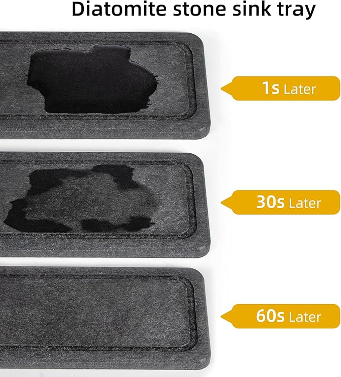 Sink Caddy Organizer with Water Absorbing Stone Tray, Instant Dry Sponge Holder Smiley Face, Dish Brush Holder for Countertop, Kitchen Storage Accessories and Organization Essentials (Black)