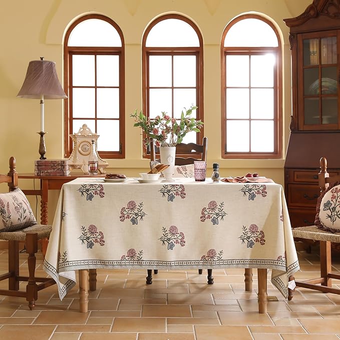 ISAENNE Designer Linen Light Beige Long Tablecloth Rectangle,French Colorful Floral Table Cloth,Stain Resistant Decor Tablecloths for Dining Thanksgiving Christmas Kitchen,63"*94"-Helena E