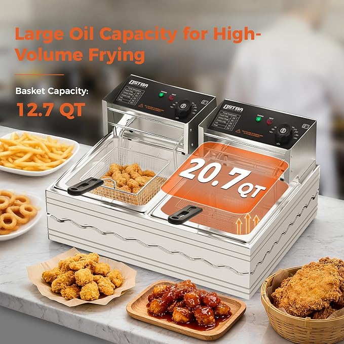 OSTBA Electric Deep Fryer with Basket, 20.7QT Large Commercial Deep Fryer, 3200W Stainless Steel Countertop Fryer with Adjustable Temperature 140–390℉, Removable Basket & Oil Tank
