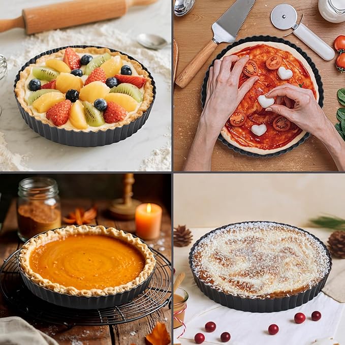 Tart Pan Removable Bottom - 9.5 Inch Non-Stick Carbon Steel Pie Pan for Baking Tarts, Pies, Quiches, Brownies, Quiche Baking Dish with Fluted Edges, Fruit Tart Mold
