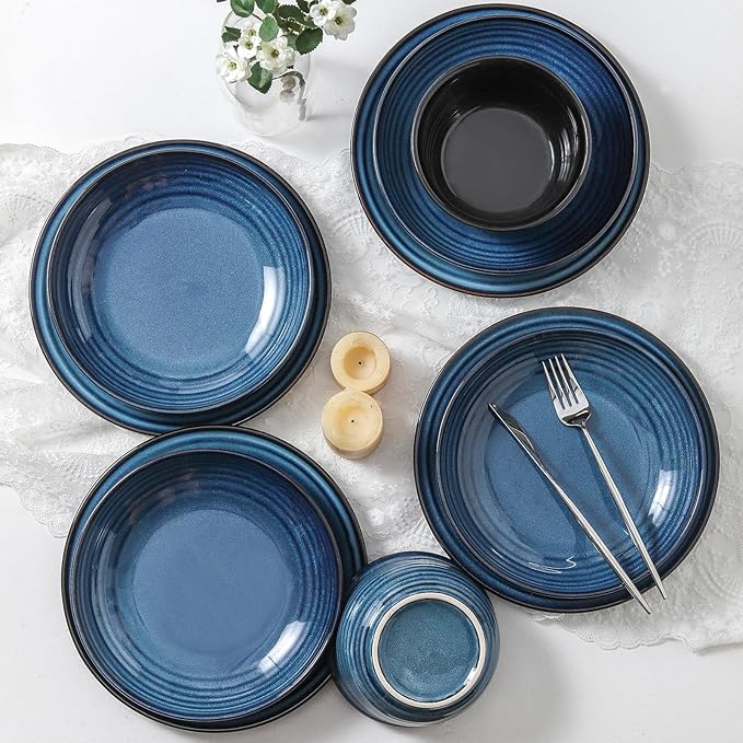 Hasense Ceramic Plates and Bowls Dishes Set, 12 Pieces Handmade Reactive Glaze Dinnerware Set of 4 (Plates, Pasta bowls, Cereal Bowls), Chip and Scratch Resistant Dinner Dishes Service, Blue