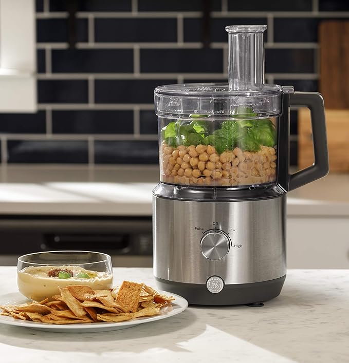 GE Food Processor | 12 Cup | Complete With 3 Feeding Tubes & Stainless Steel Accessories - 3 Discs + Dough Blade | 3 Speed | Great for Shredded Cheese, Chicken & More | Kitchen Essentials | 550 Watts