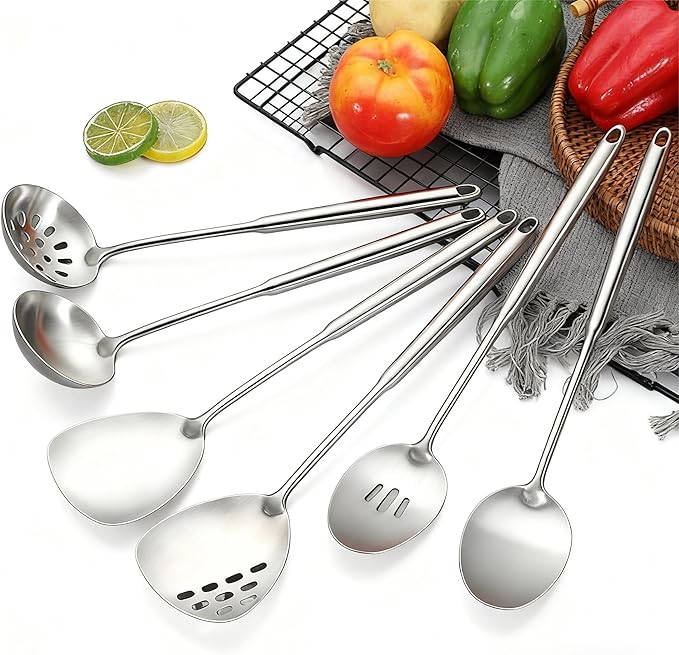 6Pcs Stainless Steel Kitchen Utensils Set – Cooking Utensils Set Stainless Steel, Metal Cooking Utensils with Wok Spatula, Serving Spoons,Ladle Set– Durable Cooking Supplies for Home and Camping