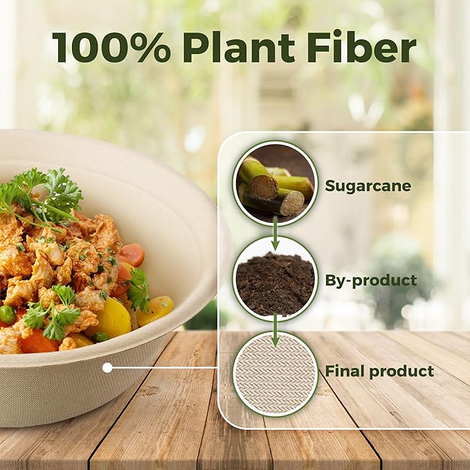 [500 COUNT] Harvest Pack PFAS FREE 48oz Round Paper Bowls - Compostable Heavy-Duty Eco-Friendly Disposable Bagasse Large Soup Bowls sugarcane made for Meal Prep Takeout Dinnerware, Microwave Safe
