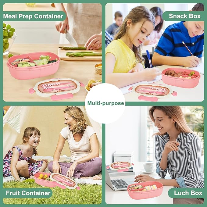 Bento Box Kids Lunch Box with Spoon & Fork - 28oz, 3 Compartment Sandwich Containers Travel Snack Boxes, Microwave/Dishwasher/Freezer Safe, BPA Free Meal Prep Food Storage Containers - Pink