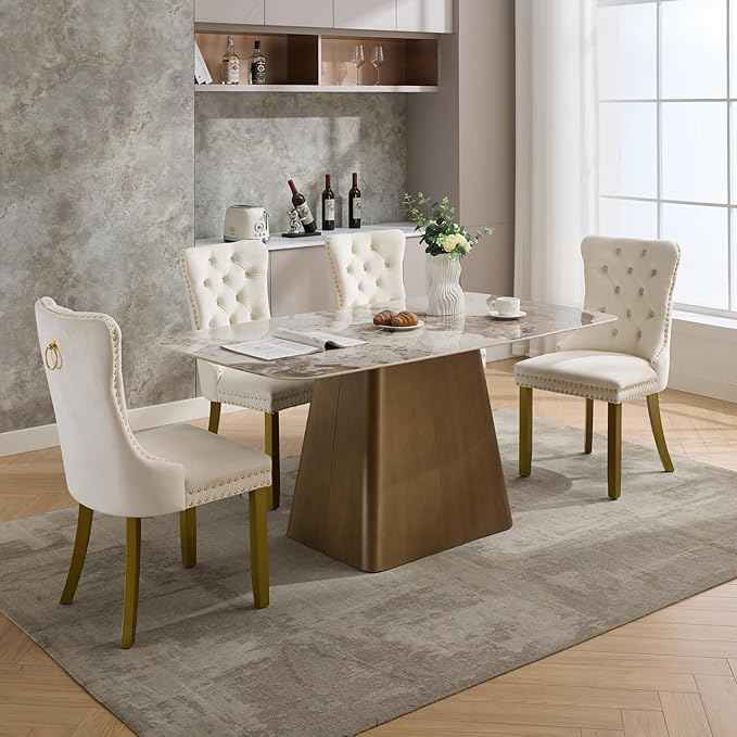 Velvet Dining Chairs Set of 6, Kitchen & Dining Room Chairs, Upholstered Dining Chairs with Back Ring Pull and Golden Solid Wood Legs, Modern Tufted Kitchen Chairs for Dining Room, Cream
