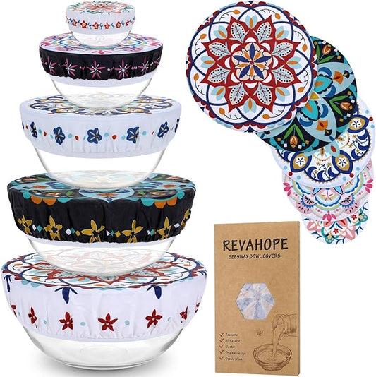 5-Size Reusable Beeswax Bowl Covers for Bread Proofing, Cotton Cloth Flexible Beeswax Wraps for Food Storage(Pentagonal Floral)