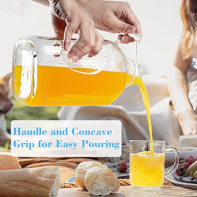 3 Pack 2 Qt Glass Water Bottles with Handle and Airtight Reusable SCREW LID - 64 Oz Juice Jugs, 1/2 Gallon Glass Milk Container for Fridge, Breast Milk Jug Pitcher with 2 Spouts, Extra Lids & Handles