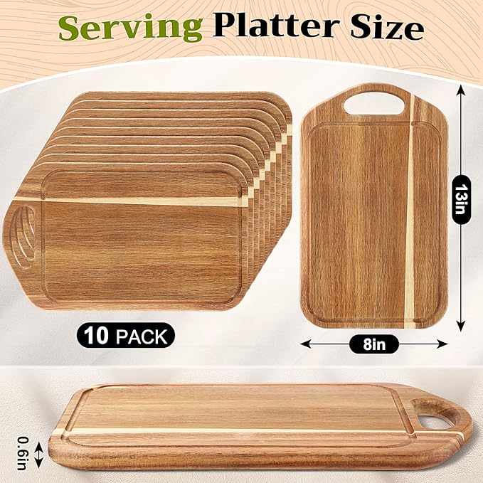 LemonRoad 10 Pcs Charcuterie Boards Bulk Acacia Wood Cutting Board with Handle 13 x 7.8 in Bamboo Board Carving Tray Pizza Bread Fruit Vegetables for Kitchen Housewarming Party Supplies