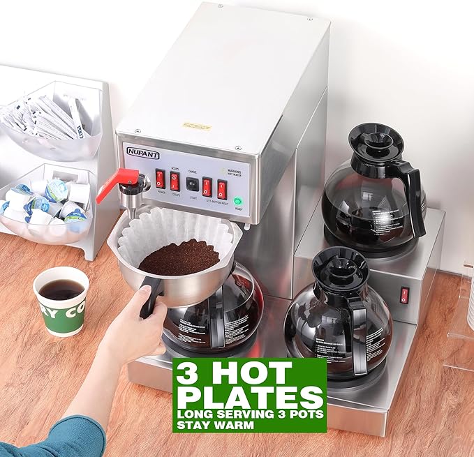 NUPANT 12 Cup Commercial Coffee Maker, Auto Filling Drip Coffee Maker Machine with 3 Glass Carafes 3 Warmers, Stainless Steel Pour Over Coffee Brewer with Hot Water Supply for Restaurant Office Cafe