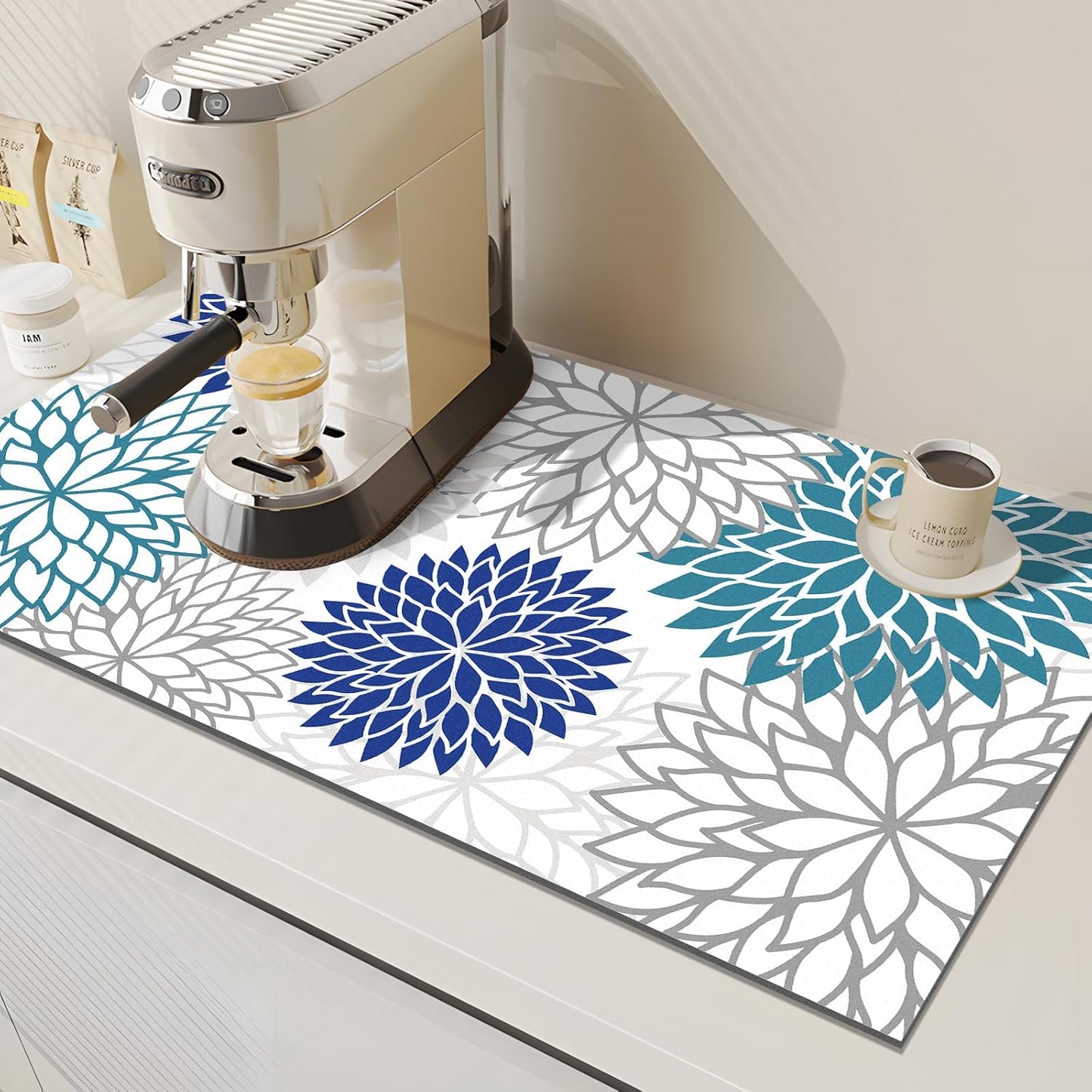 Findosom 2PCS 16" x 24" Dish Drying Mat & 24" x 5.5" Sink Splash Guard, Super Absorbent & Cuttable Dish Mat Drying Kitchen Mat with Blue Floral, Hide Stain Drying Mat for Kitchen Counter
