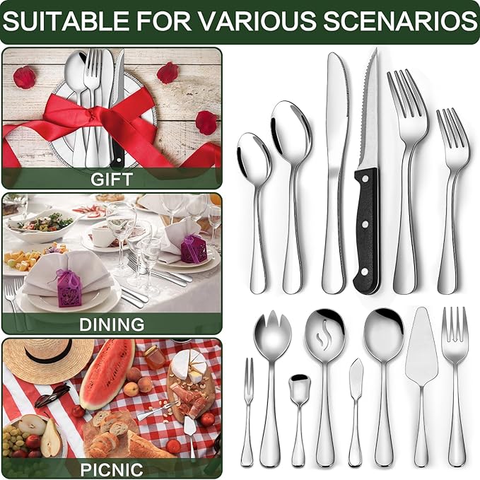80 Pieces Silverware Set with Serving Utensils Set, CEKEE Stainless Steel Flatware Set for 12 with Steak Knives, Heavy Duty Cutlery Set, Kitchen Utensil Sets for Home Restaurant, Dishwasher Safe