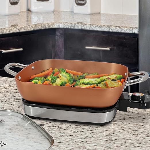 MegaChef Electric Fry Pan with Copper Non-Stick Coating, Tempered Glass Lid & Adjustable Temperature Control, Versatile Small Kitchen Appliance (11.81 Inch Fry Pan)