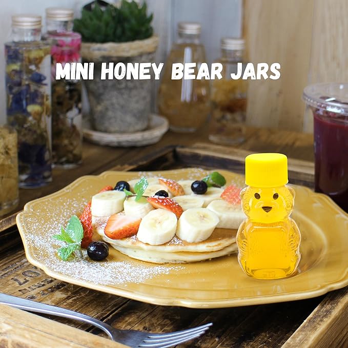50 Pack 2 oz Honey Bear Bottle Plastic, Reusable Plastic Honey Bear Jars Bulk with Yellow Lid for Storing and Dispensing(60ml /2oz)