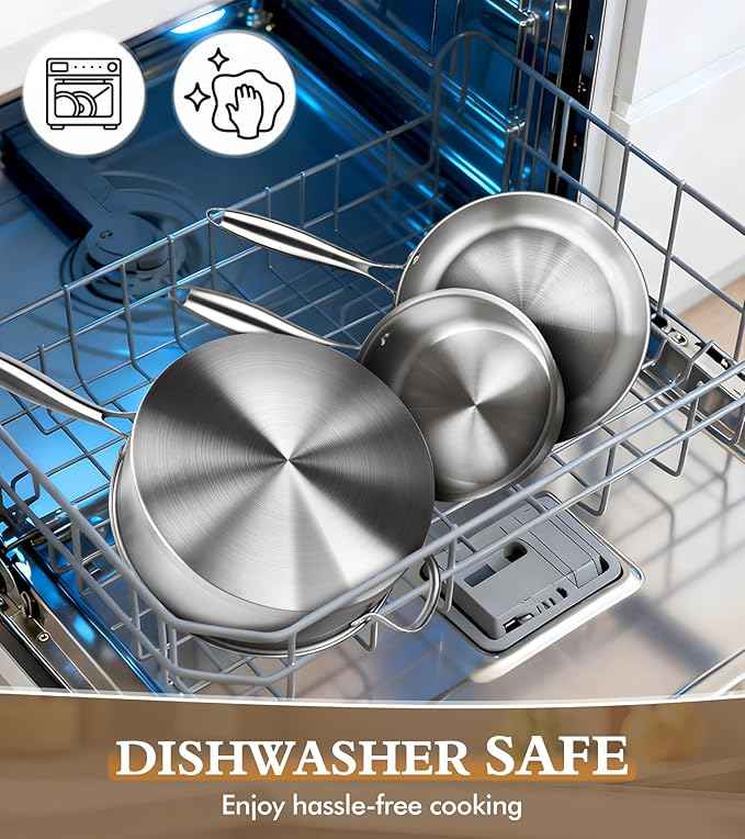 16-Piece Pots and Pans Set, Tri-Ply Stainless Steel Cookware Set with Lids, Non-toxic Kitchen Cooking Set, Dishwasher-Friendly, Induction-Ready, Even Heating, Heavy Duty, Compatible with All Cooktops