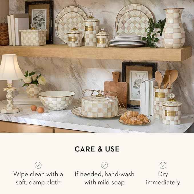 MACKENZIE-CHILDS Enamel Cake Carrier, Cake-Dish Serving Platter with Lid and Handles, Brown-and-White Mocha Check