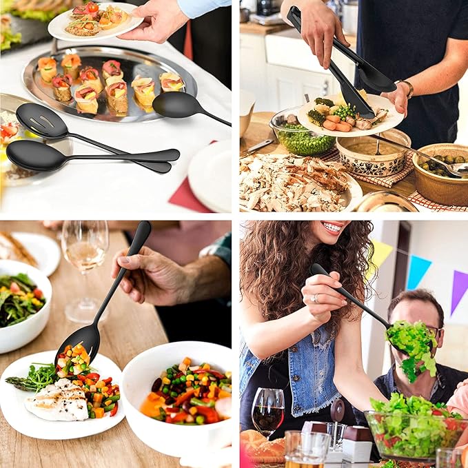 LIANYU 9-Piece Large Black Serving Utensils Set, 9.8 Inch Stainless Steel Buffet Serving Spoons Forks and Tongs Set, Ideal for Party Catering, Mirror Finished, Dishwasher Safe