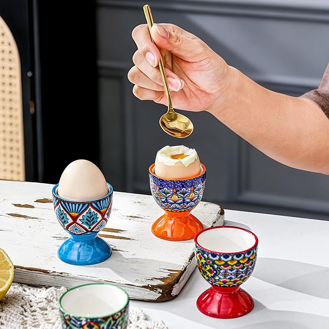 HENXFEN LEAD Boho Ceramic Egg Cups Set of 6 – Colorful Egg Holders for Soft & Hard Boiled Eggs, Microwave & Dishwasher Safe, Perfect for Breakfast & Easter