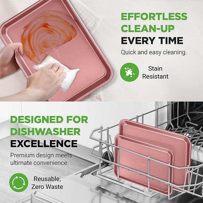 NutriChef 2-Piece Nonstick Cookie Sheets for Baking - Premium Medium & Large Size Baking Sheet Set - Thick Carbon Steel Bakeware Trays - Dishwasher Safe, Rose Gold