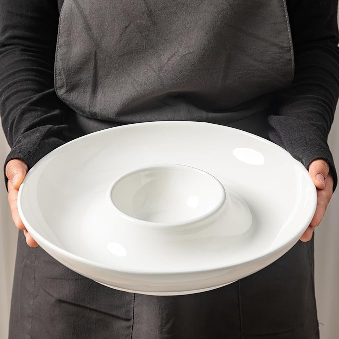 LEHAHA Ceramic Chips and Dip Serving Tray, 12 Inch Large Divided Bowls Set for Salsa, Veggies & Dip, Appetizers, Snacks, Serving Dish Platter for Parties Hosting & Entertaining. Set of 2, white