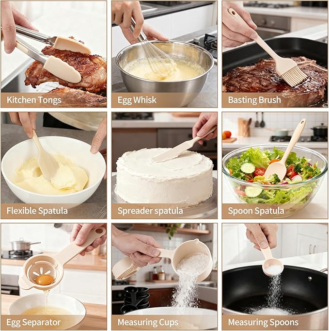 Deedro Premium Mixing Bowls with Airtight Lids Set, 22Pcs Thicker Stainless Steel Mixing Bowl Set, Large Prep Metal Bowls, Non-Slip Silicone Base Nesting Bowls for Kitchen, 1.5/2/3/4/5 QT, Khaki
