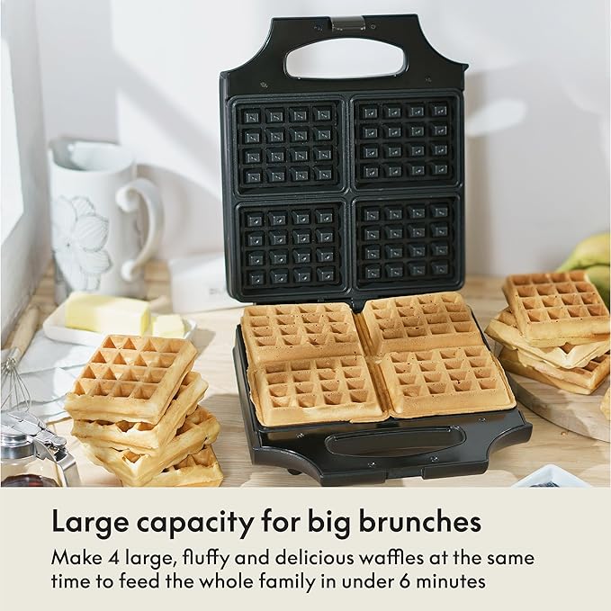 bella Waffle Iron - 4 Square Belgian Waffle Maker, Non-stick Extra Large Plates for Easy Cleanup - Compact Design, Stainless Steel, Black, 1400W