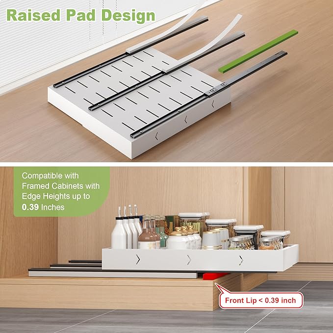 2-Pack-Expandable-Pull-Out-Cabinet-Organizers For Kitchen, Adjustable Slide Out No Drill Adhesive Drawers With Raising Pad For Framed Cabinet, Heavy Duty Sliding Roll Out Shelves Inside Cabinet