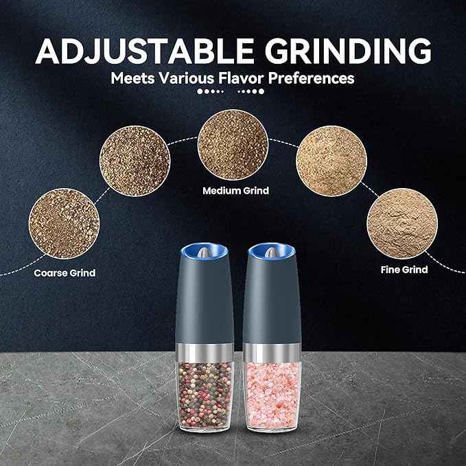 Gravity Electric Salt and Pepper Grinder set of 2, Automatic Salt And Pepper Grinder Set, Adjustable Roughness, Battery Powered, LED Light, 2 Pack, (Grey)